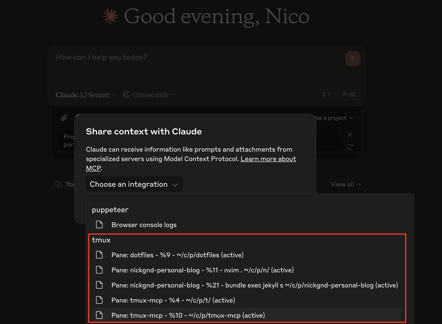 tmux panes as MCP resource